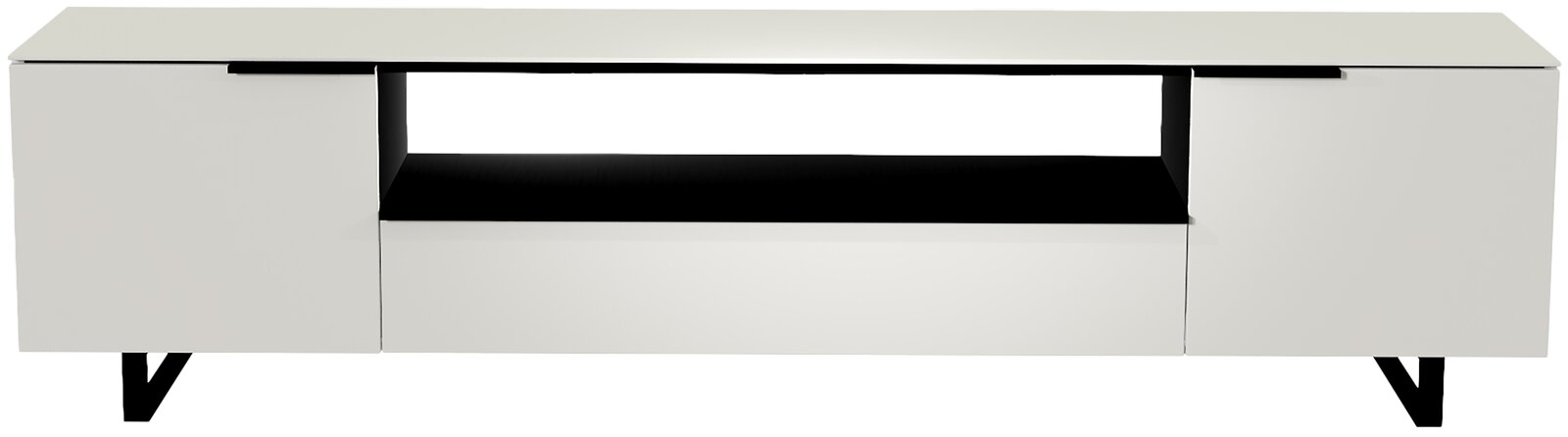 Moderano XL TV-Lowboard BORMIO Frontansicht eines modernen weißen XL TV-Lowboards mit zwei Türen und einem offenen Fach in der Mitte.