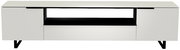 Frontansicht eines modernen weißen XL TV-Lowboards mit zwei Türen und einem offenen Fach in der Mitte.