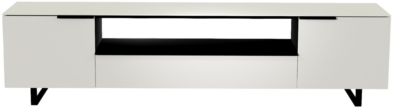 Moderano XL TV-Lowboard BORMIO Frontansicht eines modernen weißen XL TV-Lowboards mit zwei Türen und einem offenen Fach in der Mitte.