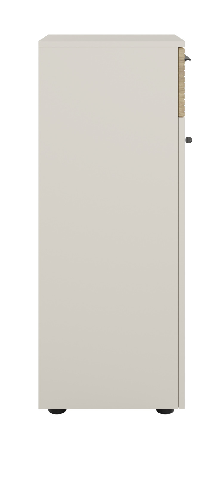 Seitenansicht eines Aktenschranks mit Schloss auf der linken Seite, in neutraler Farbe.