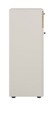 Seitenansicht eines Aktenschranks mit Schloss auf der linken Seite, in neutraler Farbe.