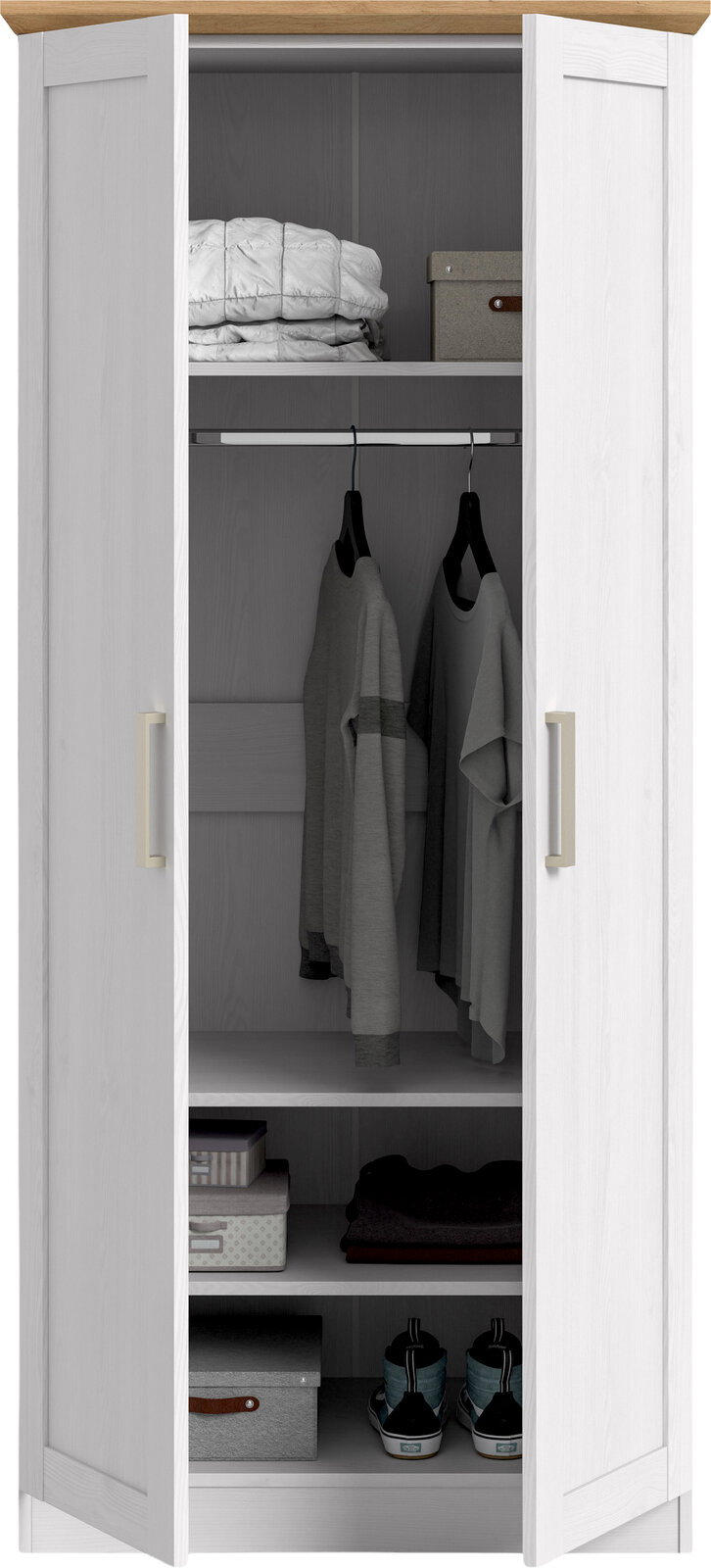 Offener weißer Kleiderschrank mit Holzdeckplatte, Kleiderstange und mehreren Ablagefächern, gefüllt mit Kleidung, Boxen und Schuhen, in Frontalansicht.