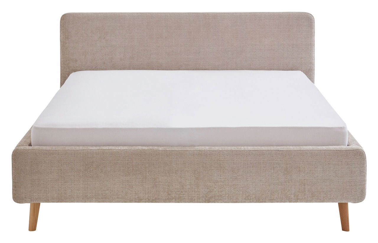 Beiges Polsterbettgestell mit Holzfüßen, Frontalansicht