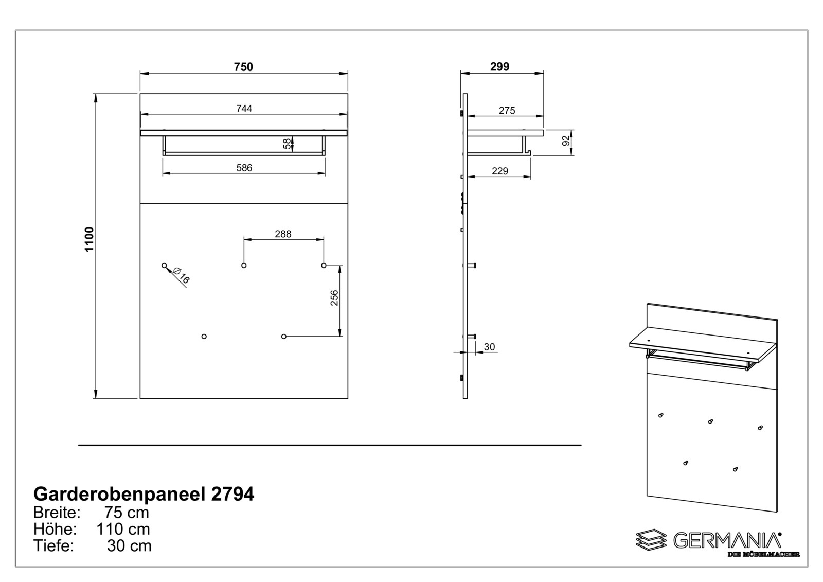 Garderobenpaneel 2794, Frontansicht und Seitenansicht, Breite 75 cm, Höhe 110 cm, Tiefe 30 cm, mit Ablage und Haken.
