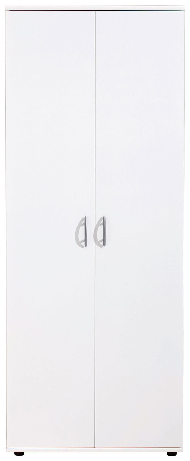 Frontansicht eines weißen XL-Schuhschranks mit zwei Türen und silbernen Griffen.