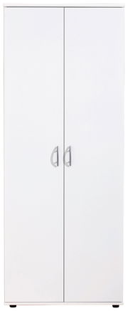 Frontansicht eines weißen XL-Schuhschranks mit zwei Türen und silbernen Griffen.
