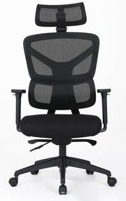 Ergonomischer schwarzer Drehstuhl mit Netzrückenlehne und Kopfstütze, Frontalansicht