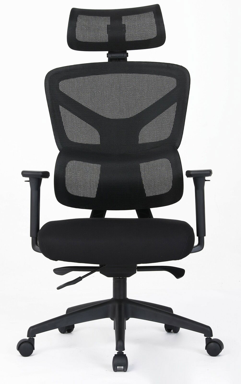 Ergonomischer schwarzer Drehstuhl mit Netzrückenlehne und Kopfstütze, Frontalansicht