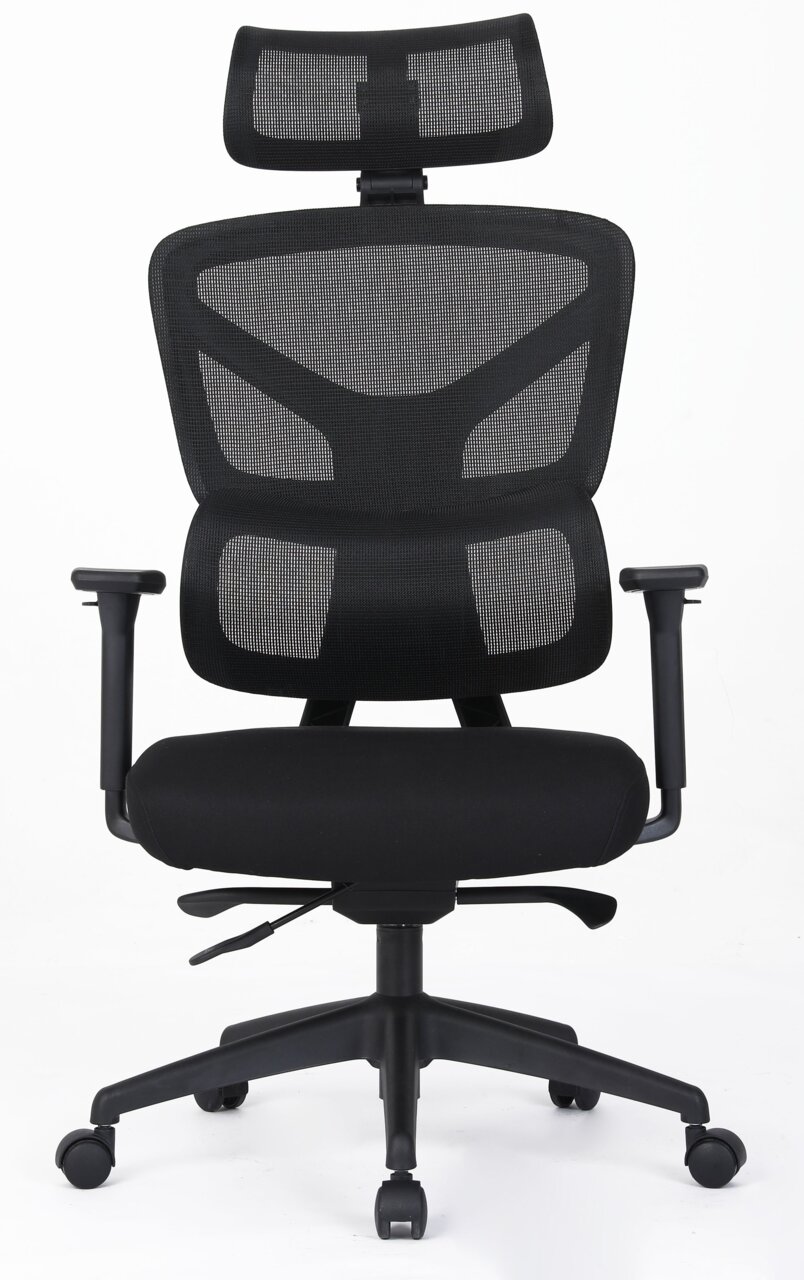 Ergonomischer schwarzer Drehstuhl mit Netzrückenlehne und Kopfstütze, Frontalansicht