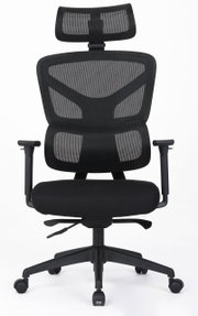 Ergonomische zwarte draaistoel met rugleuning van gaas en hoofdsteun, vooraanzicht