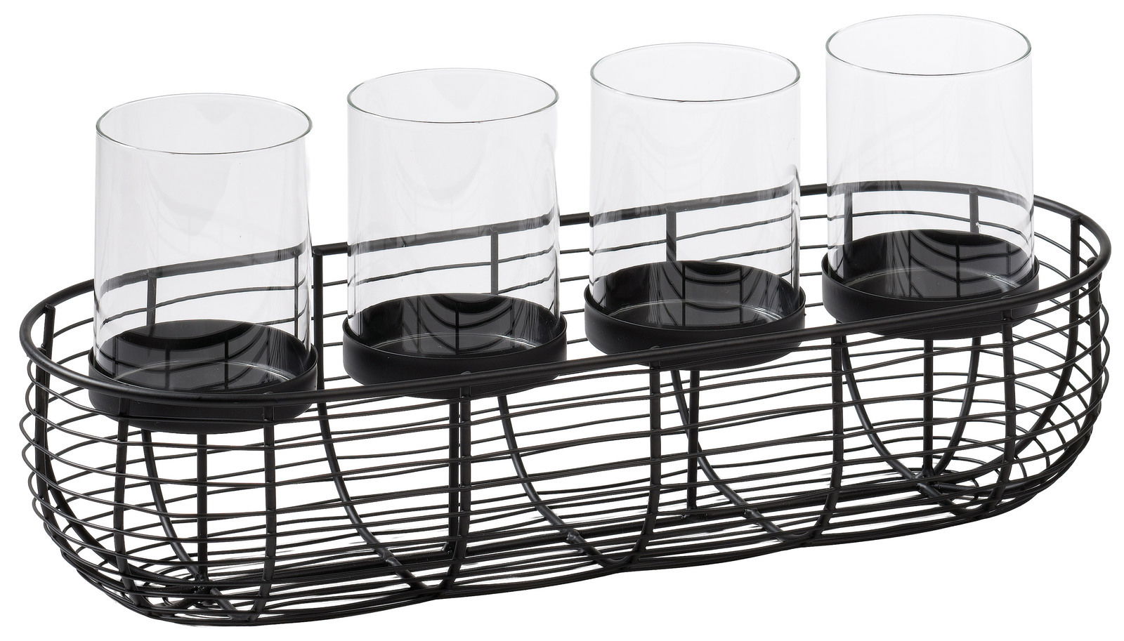Dekokranz mit vier transparenten Gläsern in einem schwarzen Metallgestell, seitliche Perspektive