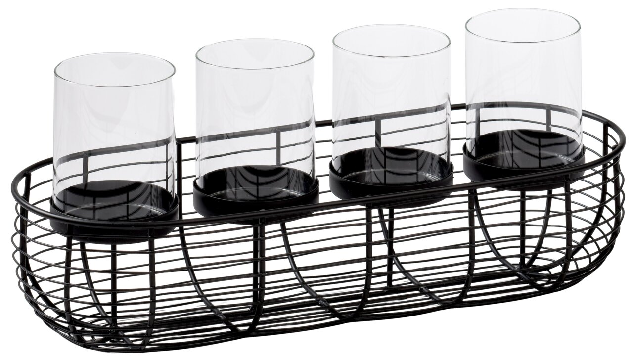 Dekokranz mit vier transparenten Gläsern in einem schwarzen Metallgestell, seitliche Perspektive