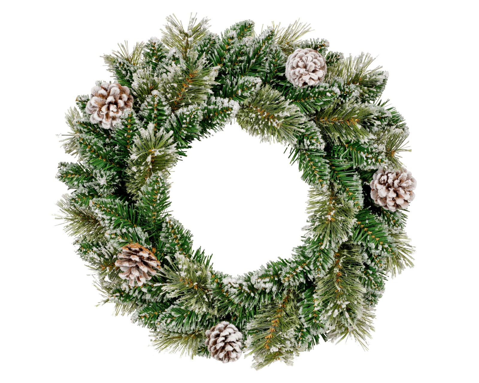 Vooraanzicht van een volle groene kerstkrans met besneeuwde dennentakken en decoratieve dennenappels op een witte achtergrond