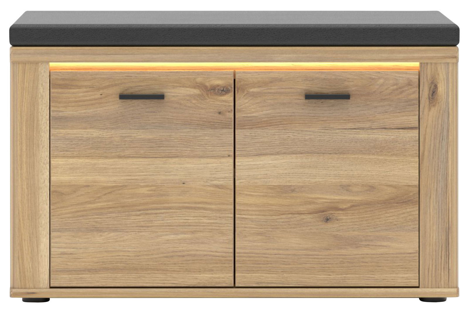 Frontansicht einer Garderobenbank aus Holz mit zwei Türen und einer gepolsterten Sitzfläche in dunkler Farbe.