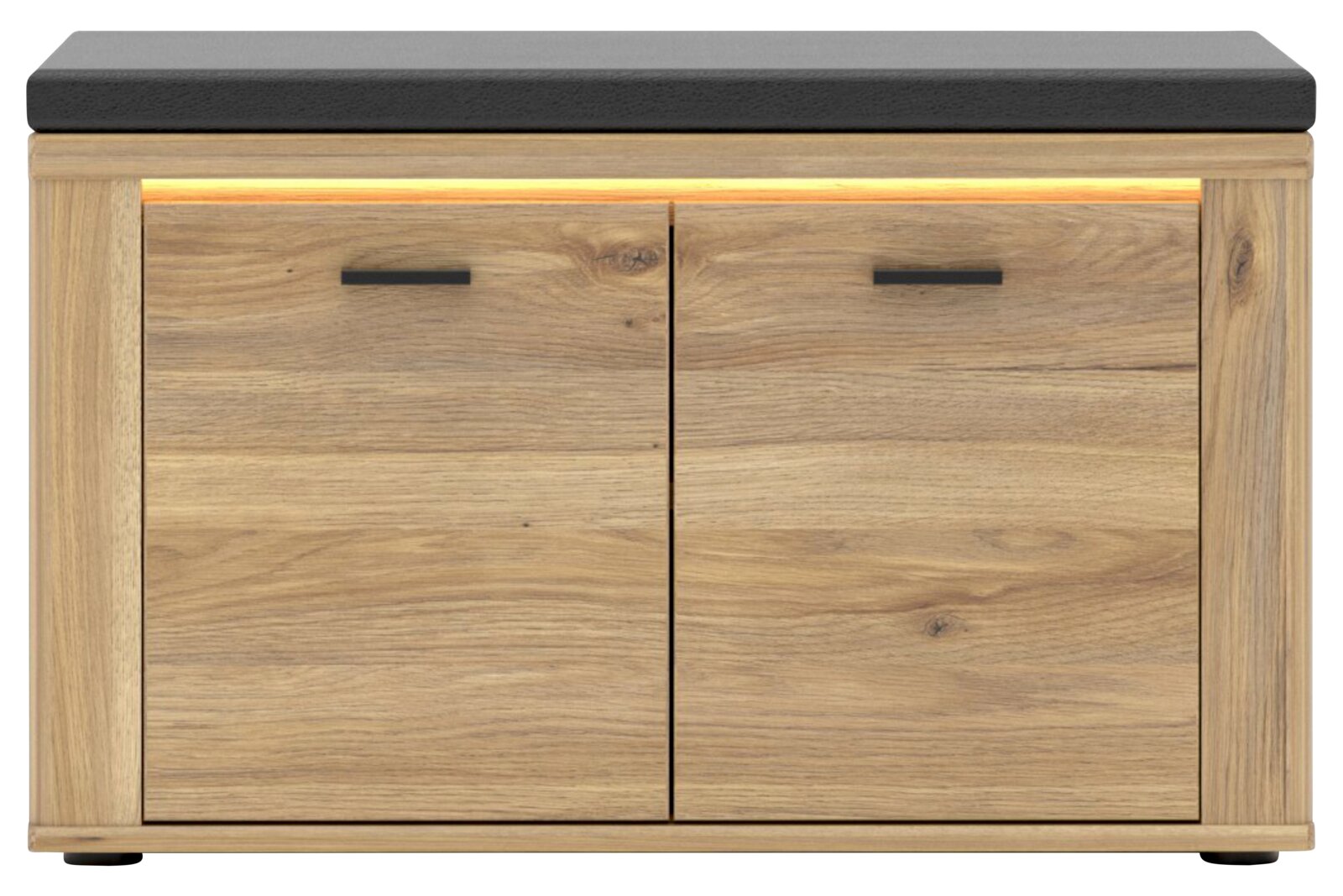 Frontansicht einer Garderobenbank aus Holz mit zwei Türen und einer gepolsterten Sitzfläche in dunkler Farbe.