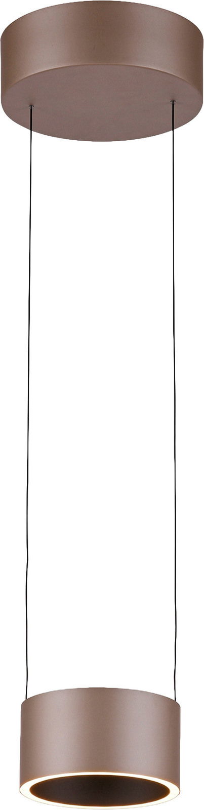 Moderne LED-Pendelleuchte in zylindrischer Form, von unten betrachtet, mit braunem Gehäuse und warmem Licht.