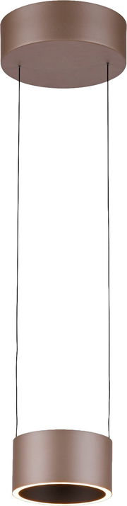Moderne LED-Pendelleuchte in zylindrischer Form, von unten betrachtet, mit braunem Gehäuse und warmem Licht.