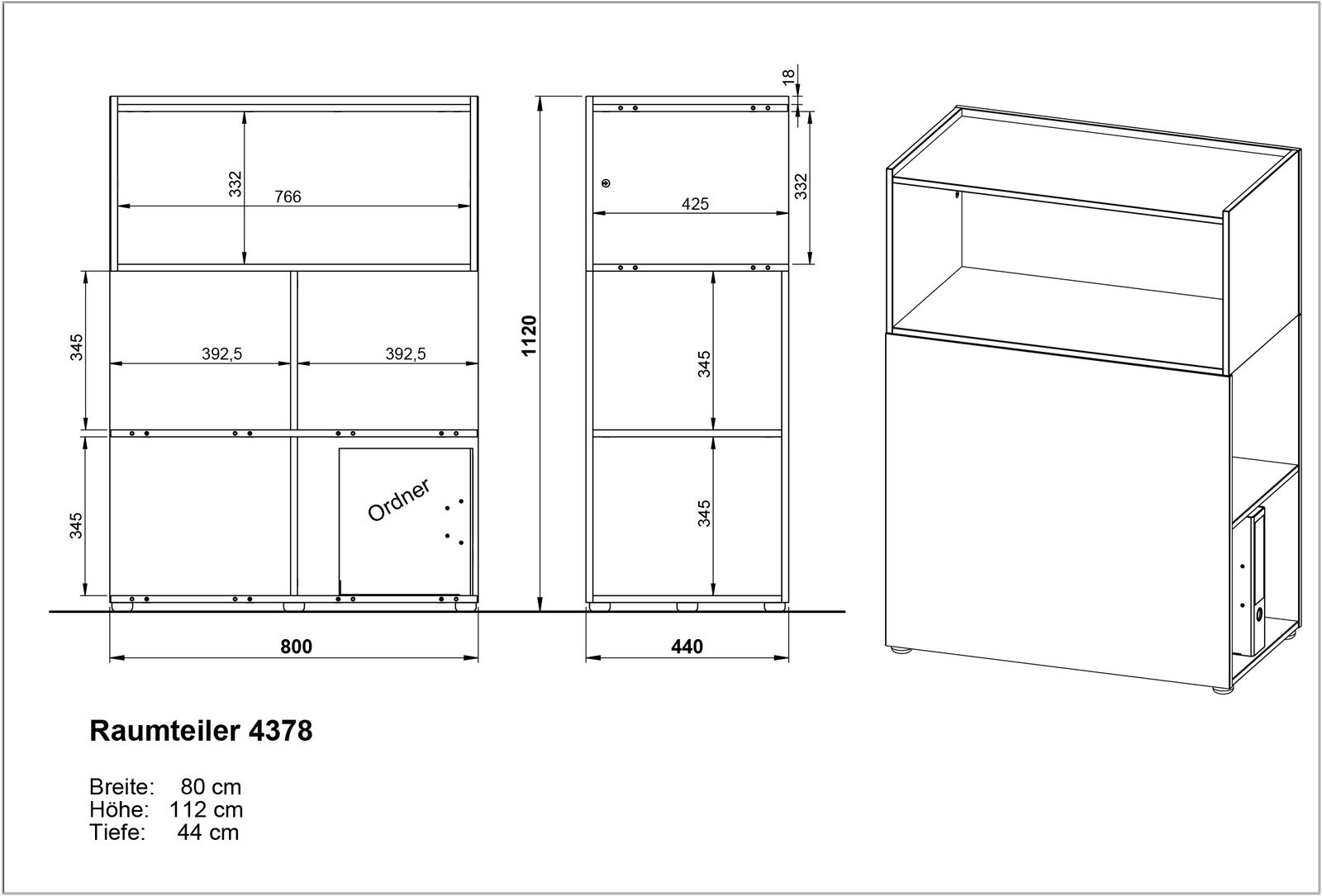 Technische Zeichnung eines Raumteilers mit den Maßen: Breite 80 cm, Höhe 112 cm, Tiefe 44 cm. Die Zeichnung zeigt Vorder-, Seiten- und perspektivische Ansicht des Möbelstücks.