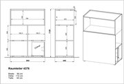 Technische Zeichnung eines Raumteilers mit den Maßen: Breite 80 cm, Höhe 112 cm, Tiefe 44 cm. Die Zeichnung zeigt Vorder-, Seiten- und perspektivische Ansicht des Möbelstücks.