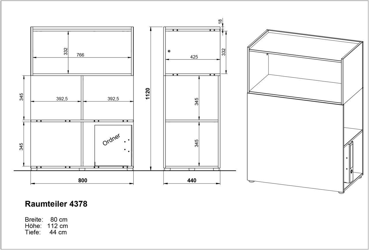Technische Zeichnung eines Raumteilers mit den Maßen: Breite 80 cm, Höhe 112 cm, Tiefe 44 cm. Die Zeichnung zeigt Vorder-, Seiten- und perspektivische Ansicht des Möbelstücks.