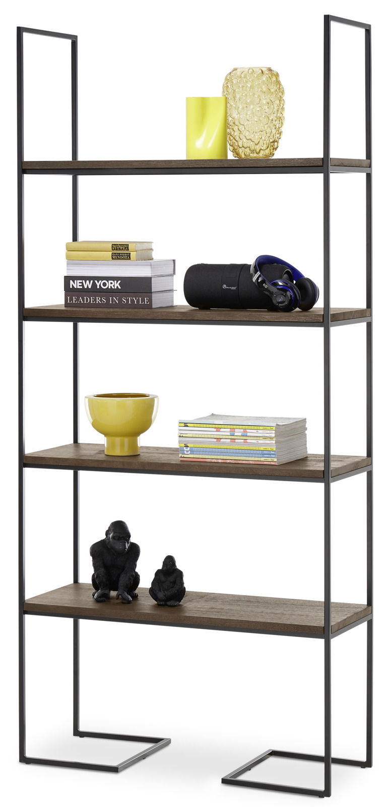 Modernes Regal mit fünf Ebenen, aus Metall und Holz, frontal fotografiert. Dekoriert mit Büchern, Vasen, einer Schale und Figuren.