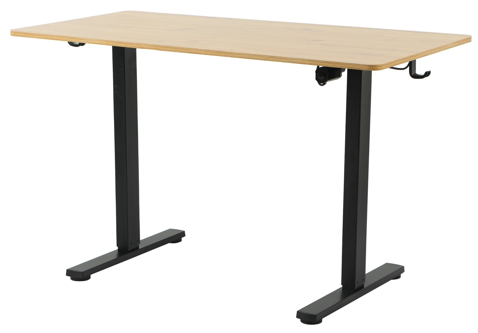 Moderner E-Schreibtisch mit Holzoberfläche und schwarzen Metallbeinen, seitliche Perspektive