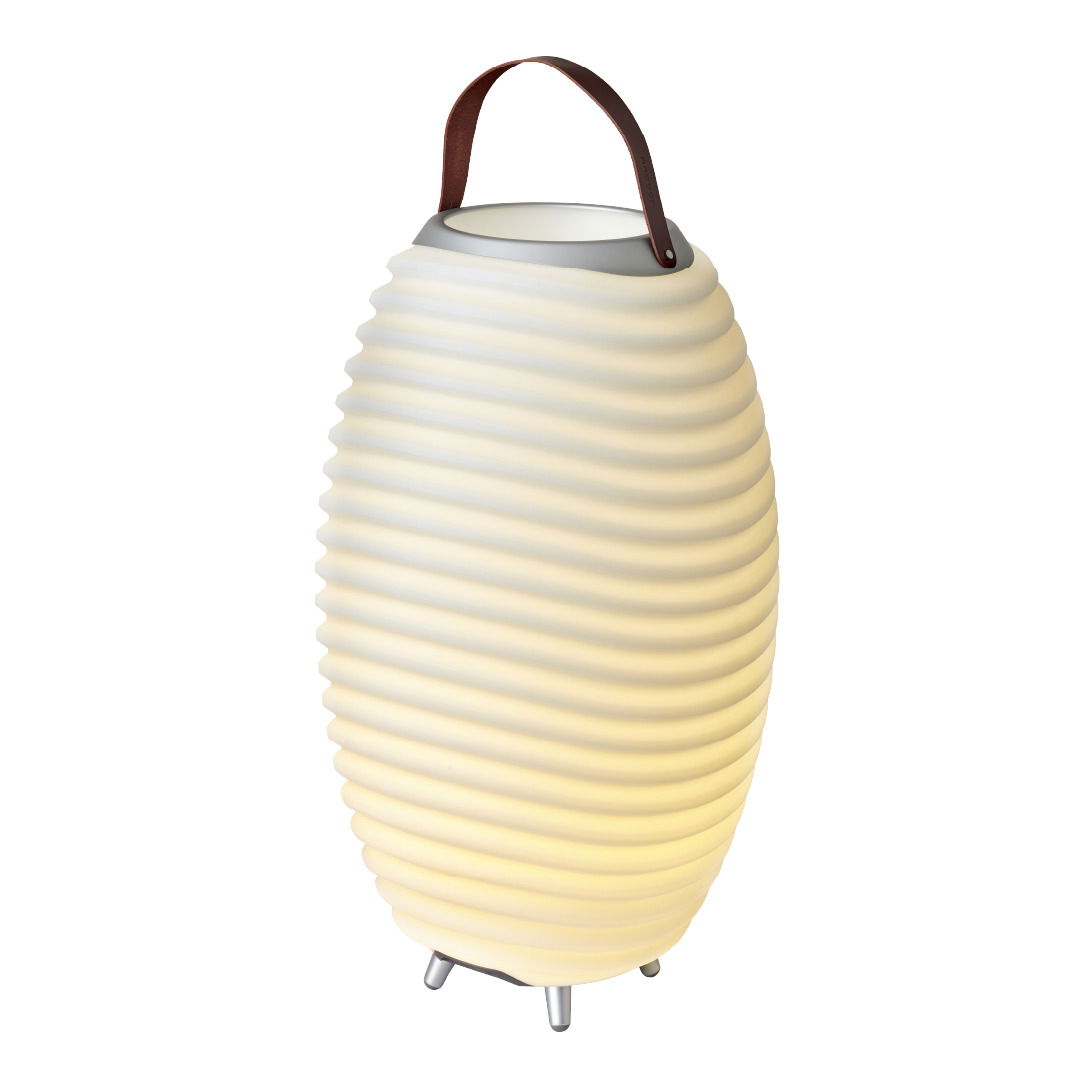 Akkubetriebene Leuchte und Lautsprecher in ovaler Form mit gerippter Oberfläche und Tragegriff, seitliche Perspektive