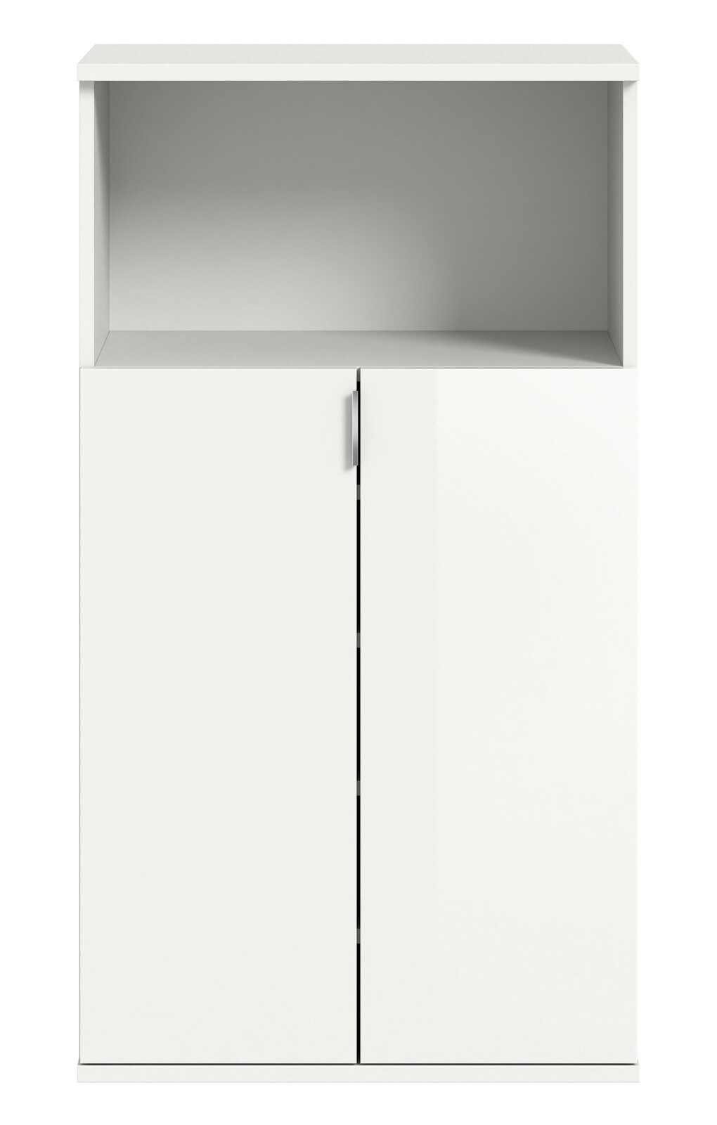 Weiße Schuhkommode mit zwei Türen und offenem Fach, Frontalansicht