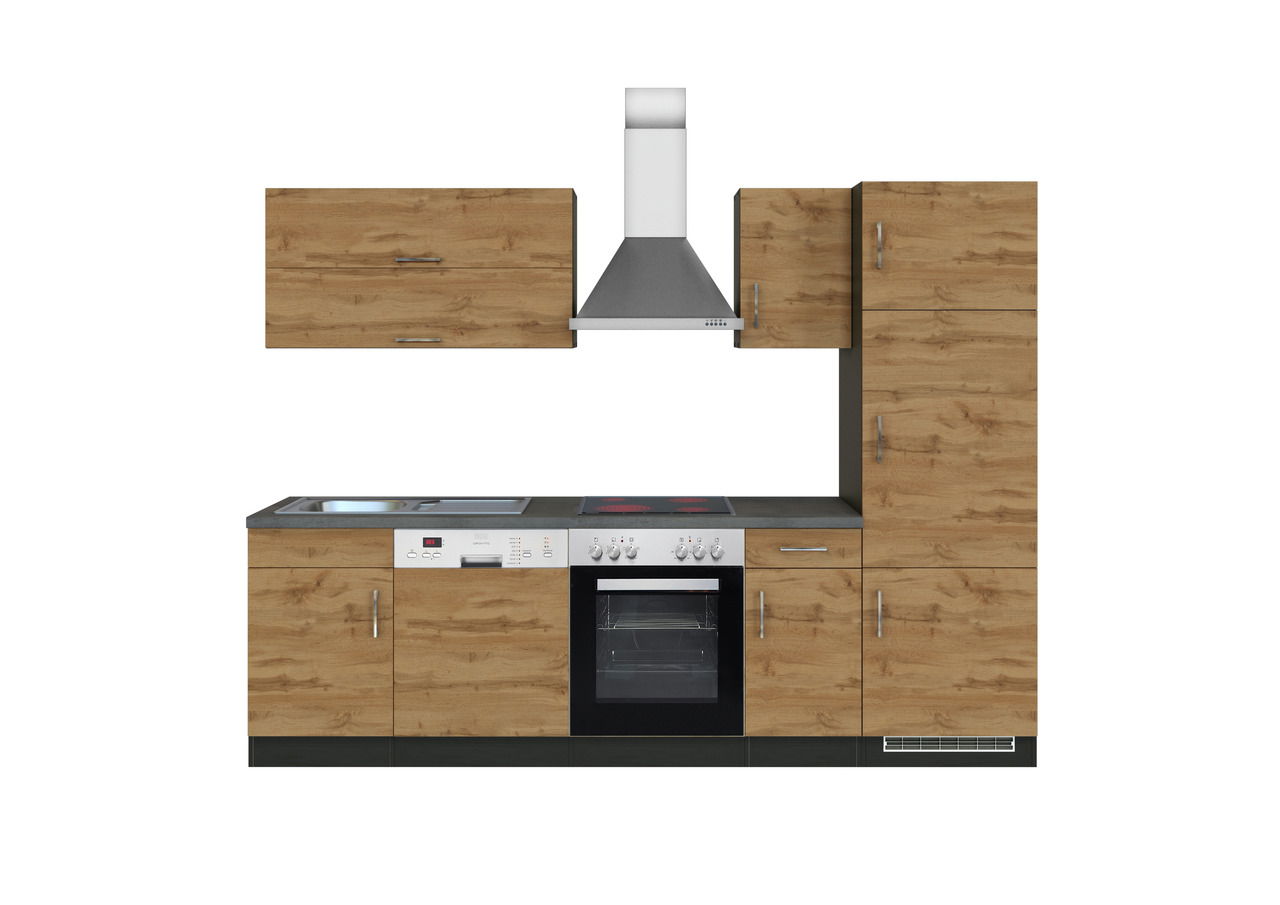 Moderne Küchenzeile in Holzoptik mit Herd, Spüle und Dunstabzugshaube, frontale Ansicht
