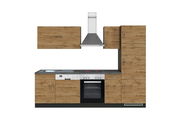 Moderne Küchenzeile in Holzoptik mit Herd, Spüle und Dunstabzugshaube, frontale Ansicht