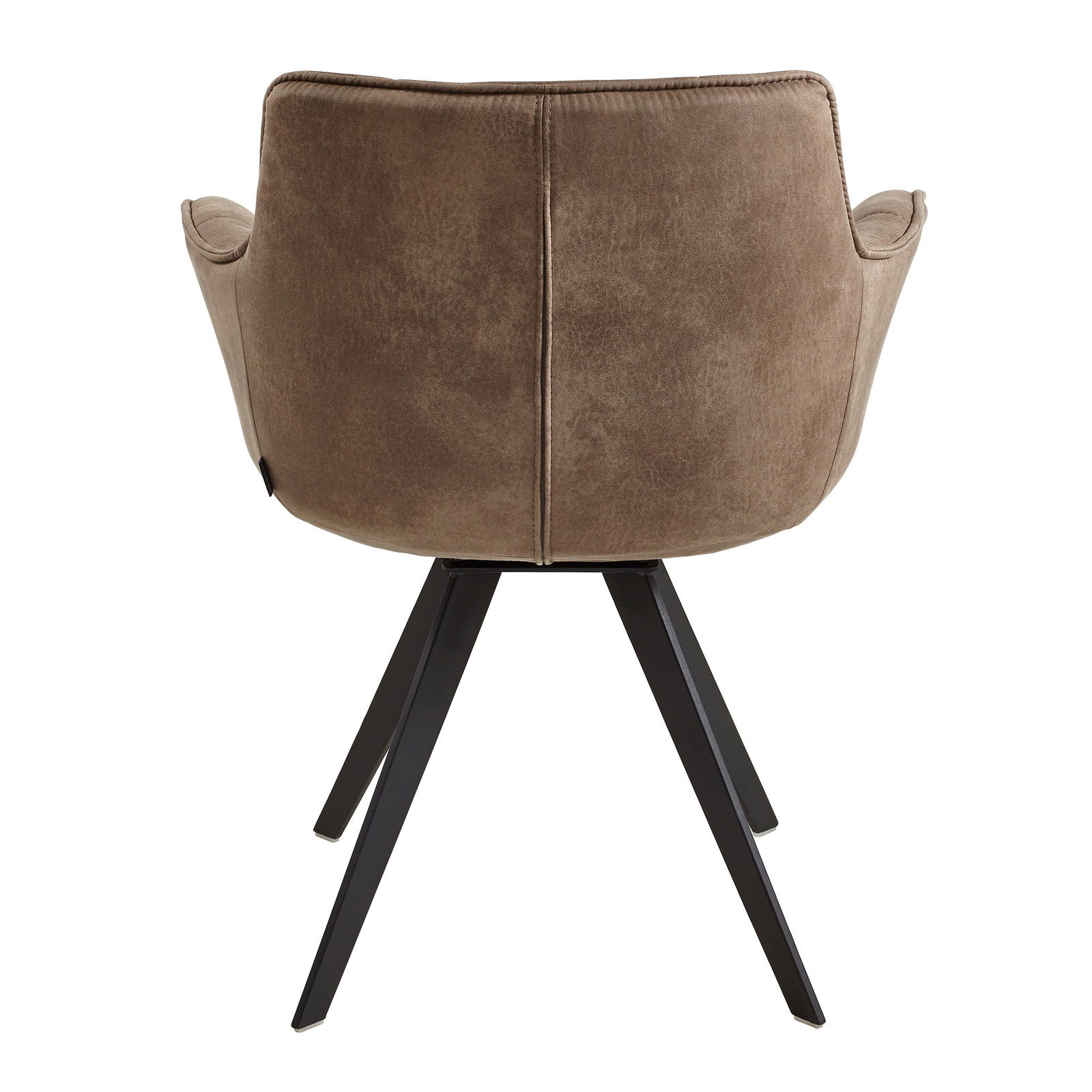 Rückansicht eines braunen Sessels mit schwarzem Metallgestell und vier Beinen.