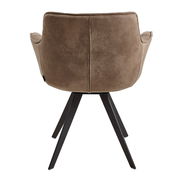 Rückansicht eines braunen Sessels mit schwarzem Metallgestell und vier Beinen.