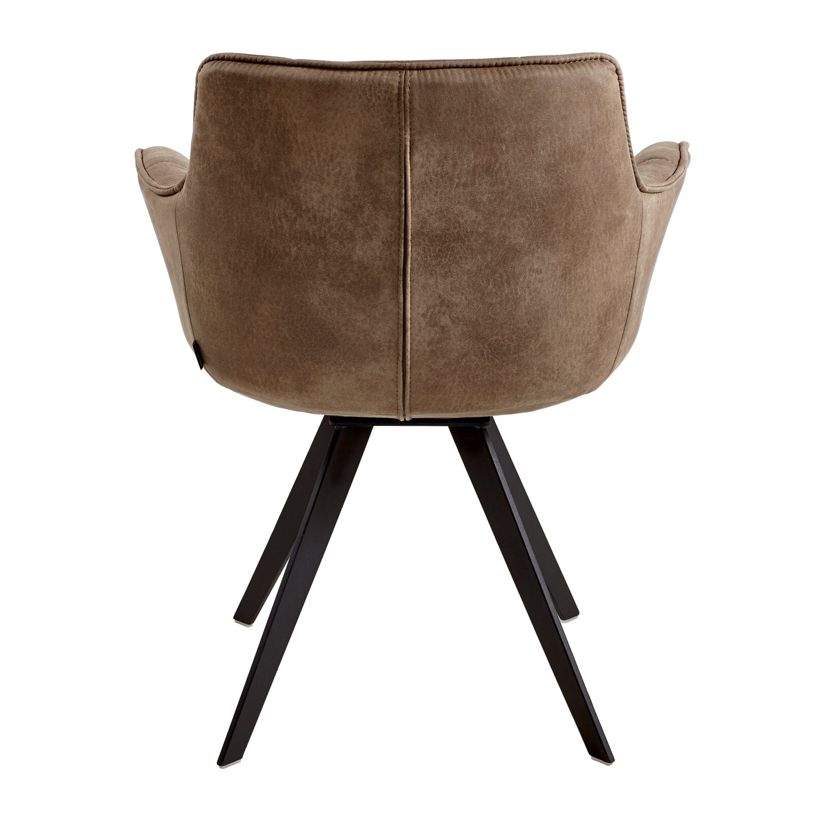 Achterkant van een bruine fauteuil met een zwart metalen frame en vier poten.