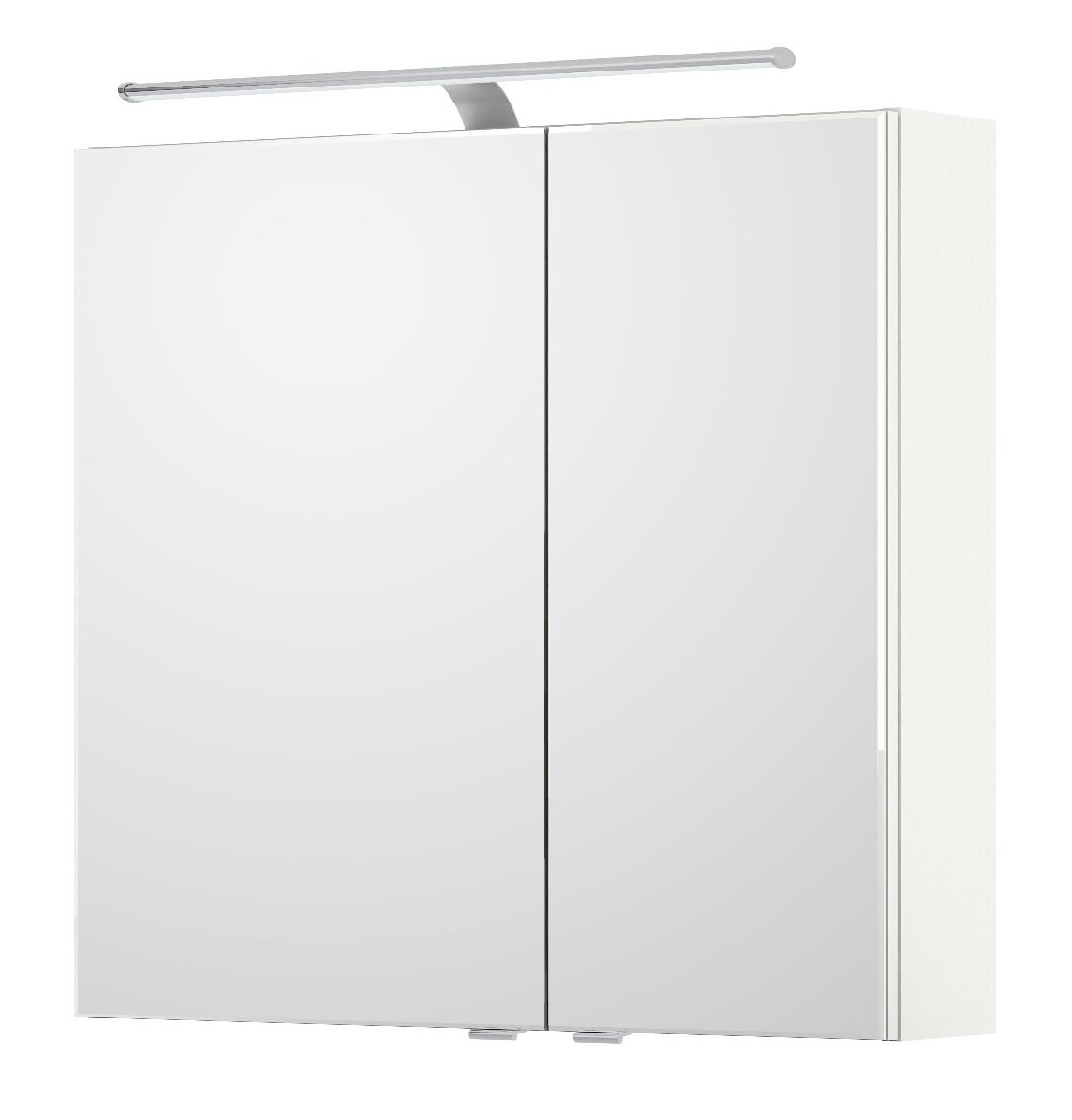 Moderner Spiegelschrank mit zwei Türen und integrierter Beleuchtung, seitliche Perspektive
