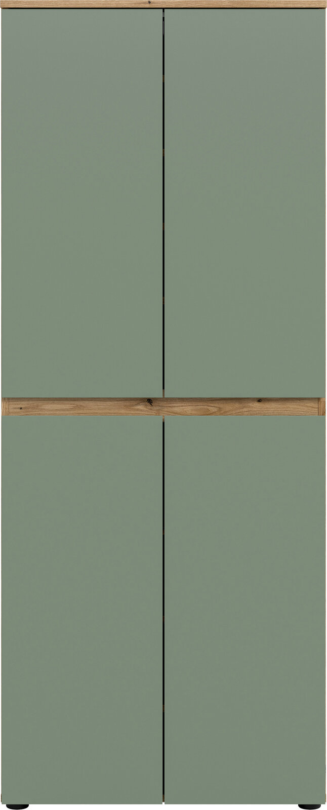 Frontansicht eines hohen Schranks mit vier glatten, salbeigrünen Türen und Holzleisten oben und mittig