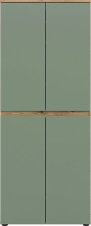 Frontansicht eines hohen Schranks mit vier glatten, salbeigrünen Türen und Holzleisten oben und mittig