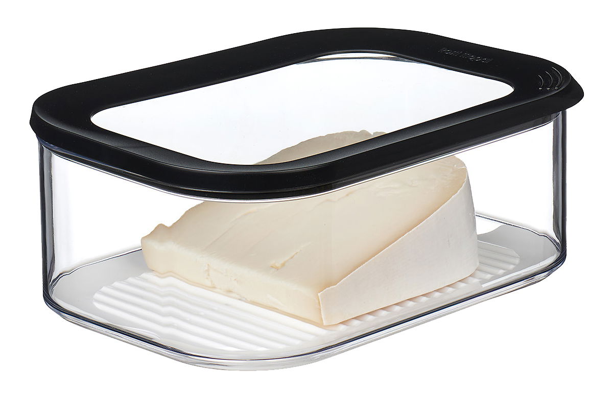Mepal Kühlschrankdose MODULA Transparente Kühlschrankdose mit schwarzem Deckel, gefüllt mit einem Stück Käse, seitliche Perspektive