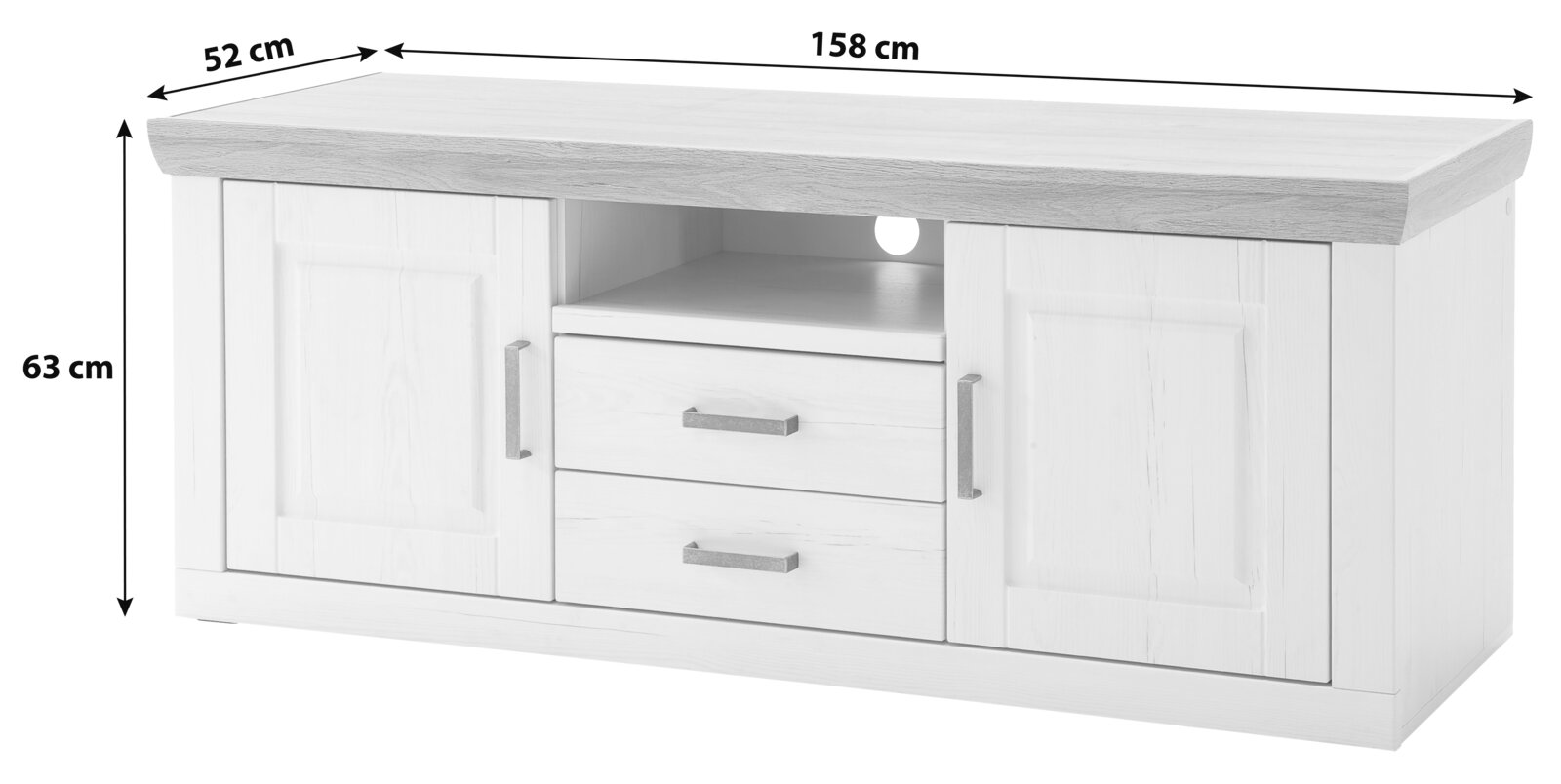 Wit tv-lowboard met een blad in houtlook, twee deuren, twee lades en een open ruimte voor apparaten met kabeldoorvoer; afmetingen ca. 150 x 52 x 63 cm, afgebeeld in een schuin vooraanzicht.