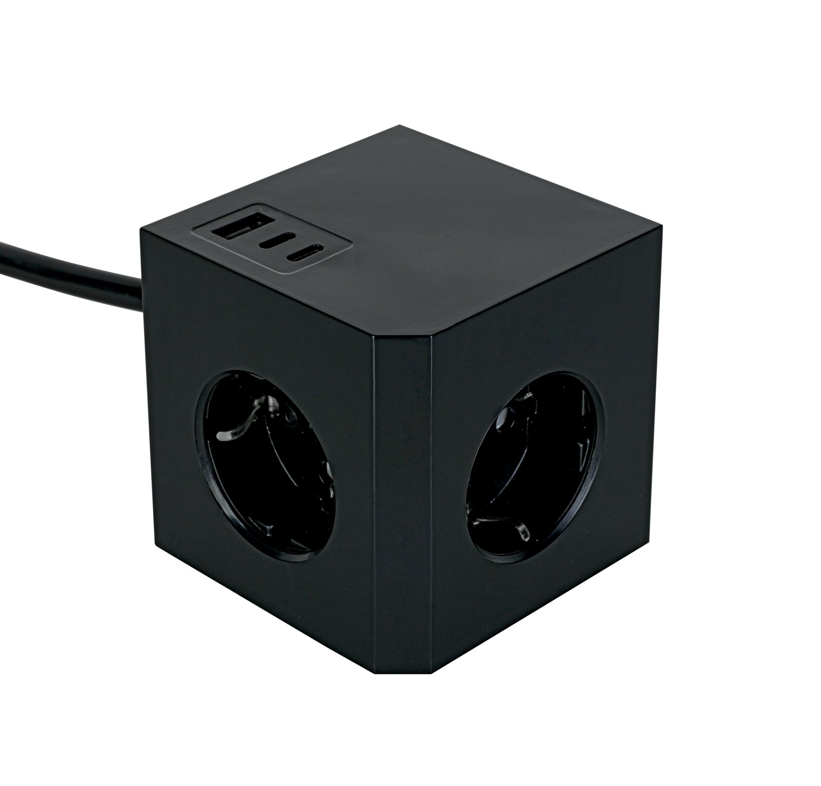 Schwarzer Steckdosenwürfel mit USB-Anschlüssen, Perspektive von oben