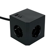 Schwarzer Steckdosenwürfel mit USB-Anschlüssen, Perspektive von oben