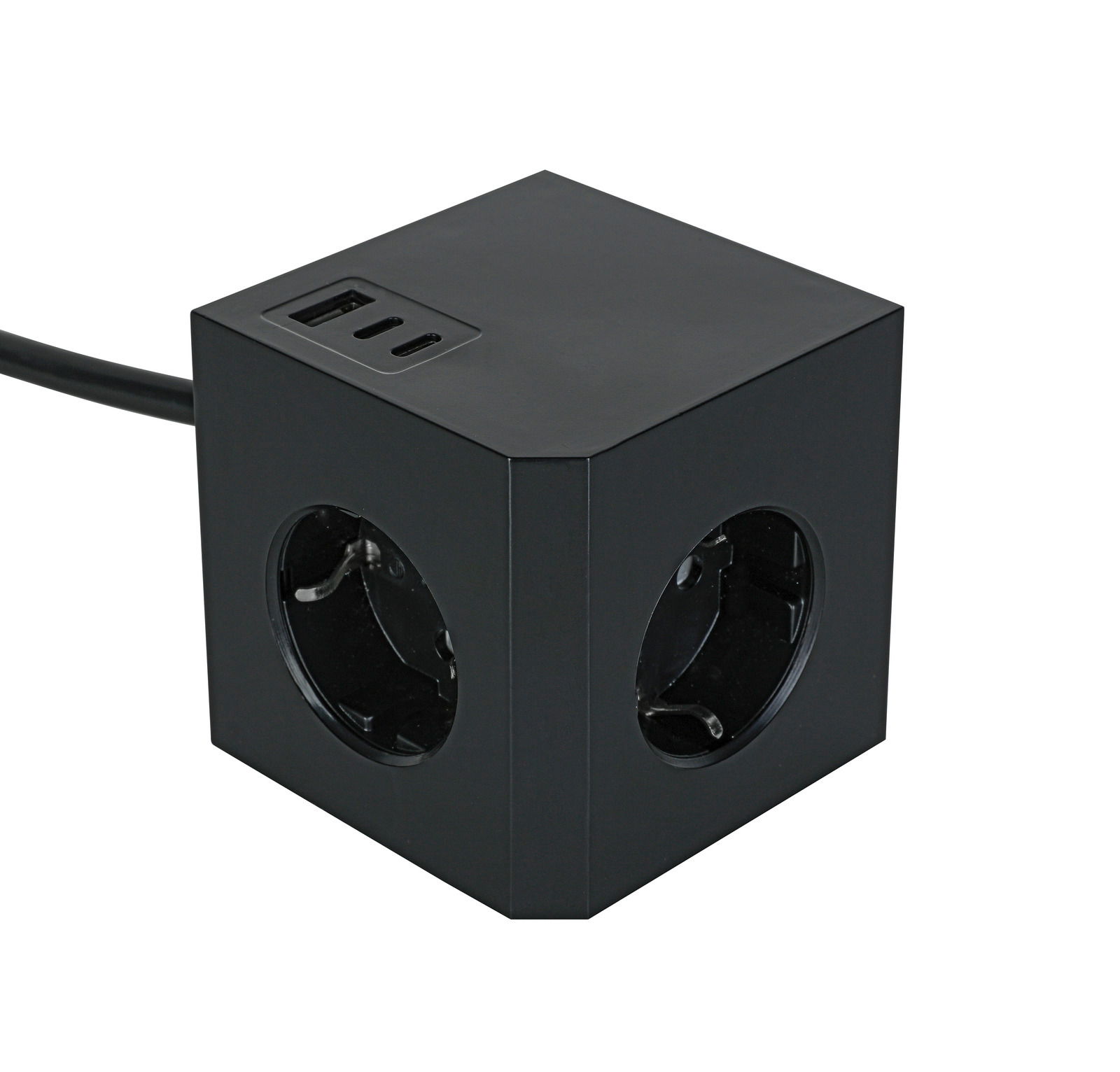 Schwarzer Steckdosenwürfel mit USB-Anschlüssen, Perspektive von oben