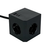 Schwarzer Steckdosenwürfel mit USB-Anschlüssen, Perspektive von oben