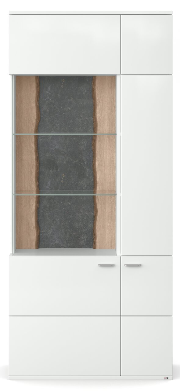 Moderne Vitrine in Weiß mit Glastüren und Holzdetails, Frontalansicht