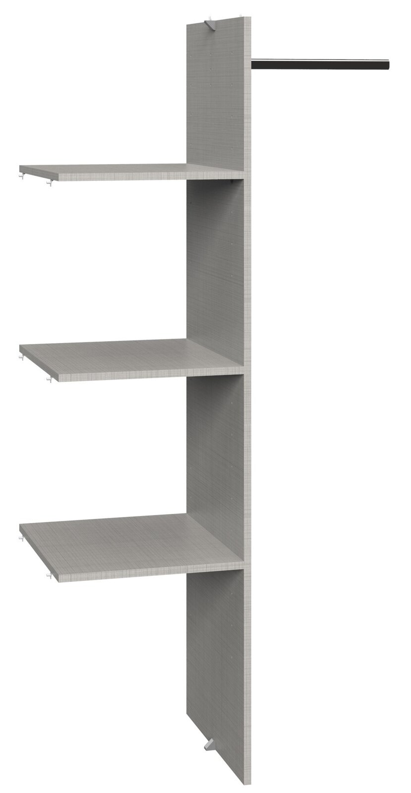 Perspektivische Ansicht eines grauen Regalsystems mit drei Ablageflächen und einer Kleiderstange, geeignet zur Wäscheeinteilung.