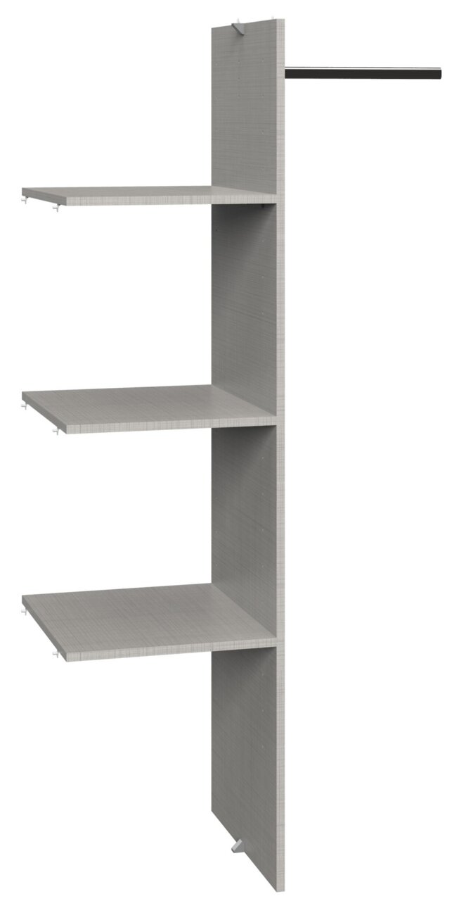 XORA Wäscheeinteilung MULTIRAUMKONZEPT Perspektivische Ansicht eines grauen Regalsystems mit drei Ablageflächen und einer Kleiderstange, geeignet zur Wäscheeinteilung.