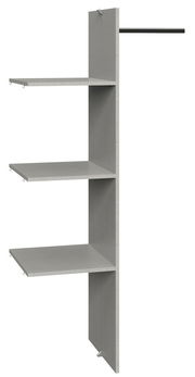 Perspektivische Ansicht eines grauen Regalsystems mit drei Ablageflächen und einer Kleiderstange, geeignet zur Wäscheeinteilung.