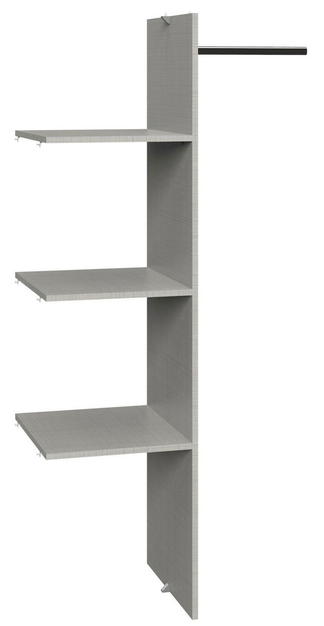 Perspektivische Ansicht eines grauen Regalsystems mit drei Ablageflächen und einer Kleiderstange, geeignet zur Wäscheeinteilung.