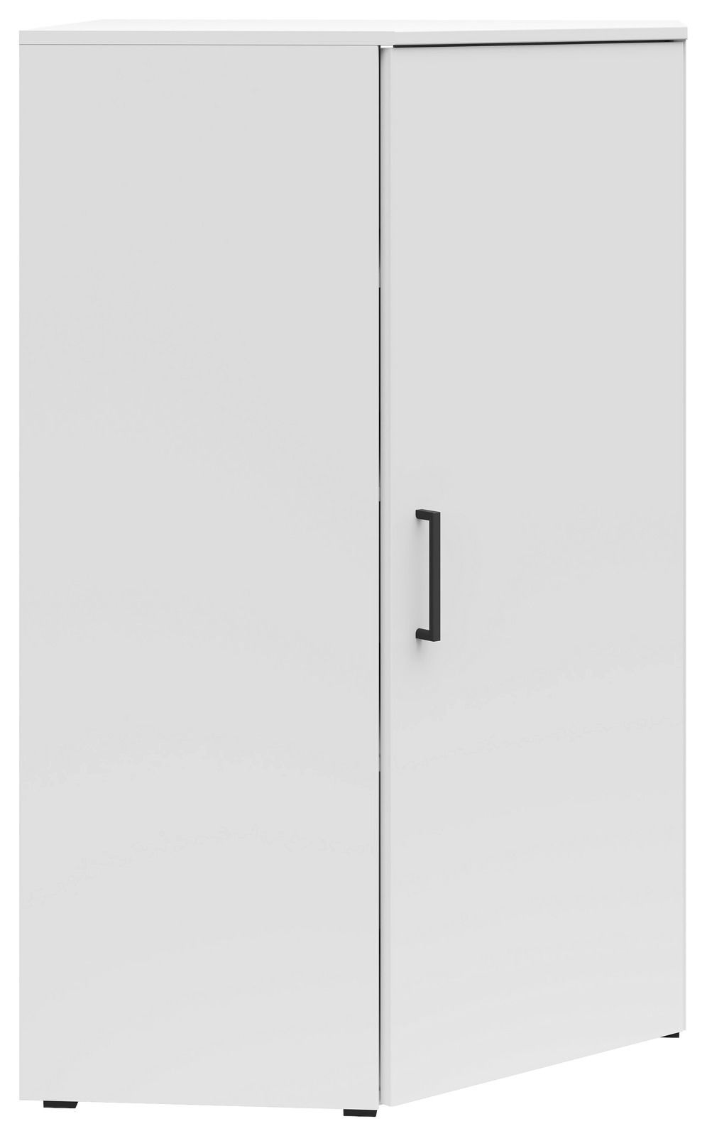 Weiße Eckkommode mit schwarzem Griff, frontal und leicht seitlich betrachtet.