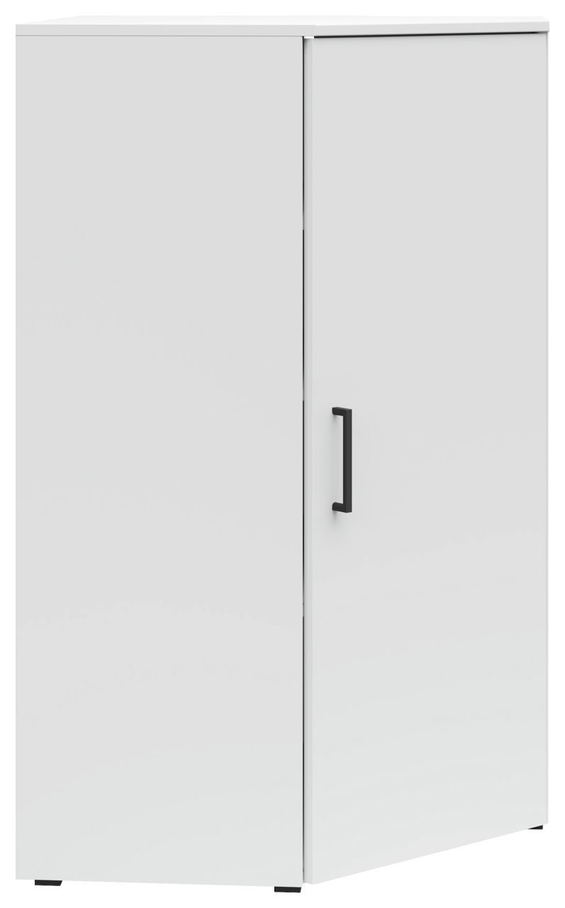 Carryhome Eckkommode MULTISTAURAUM Weiße Eckkommode mit schwarzem Griff, frontal und leicht seitlich betrachtet.
