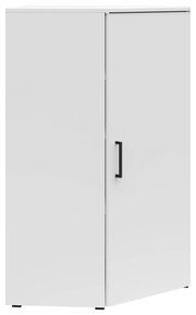 Weiße Eckkommode mit schwarzem Griff, frontal und leicht seitlich betrachtet.